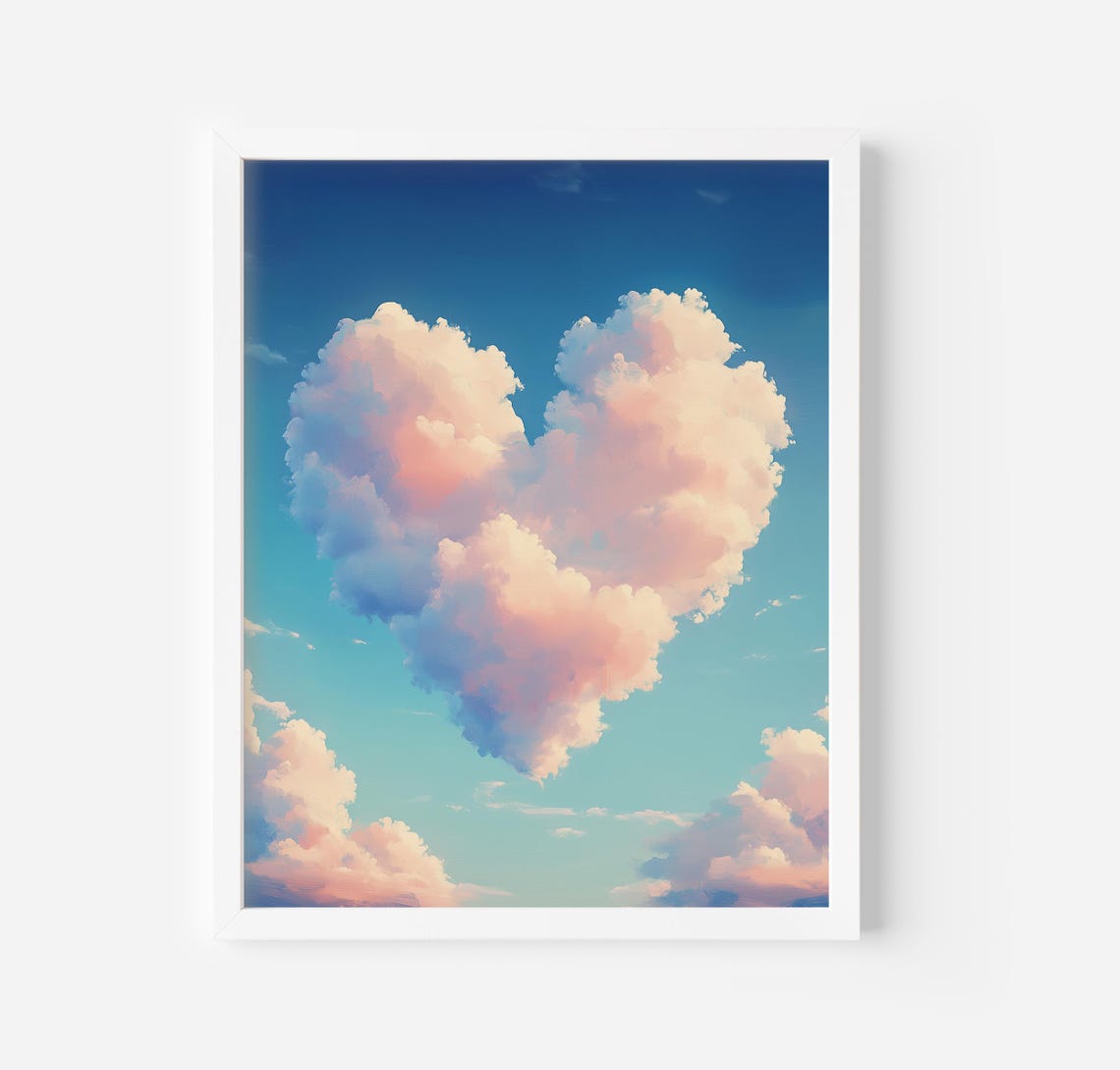 Dreamy Pink Heart Shaped Cloud Floating In Blue Sky Love Art Poster