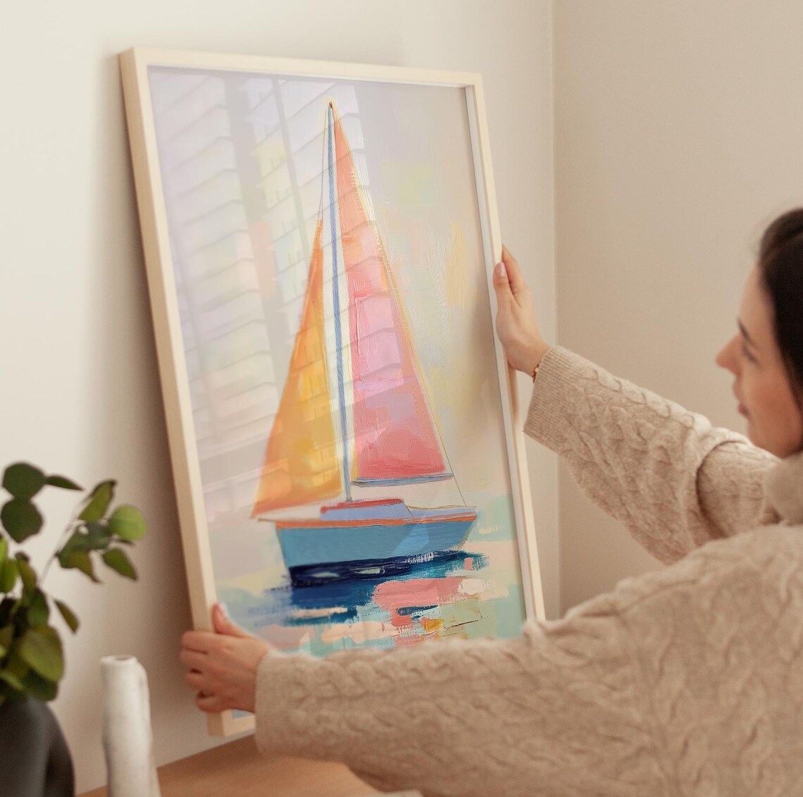 Sailboat With Pink Sails Pastel Coastal Nautical Painting Poster - Image 3