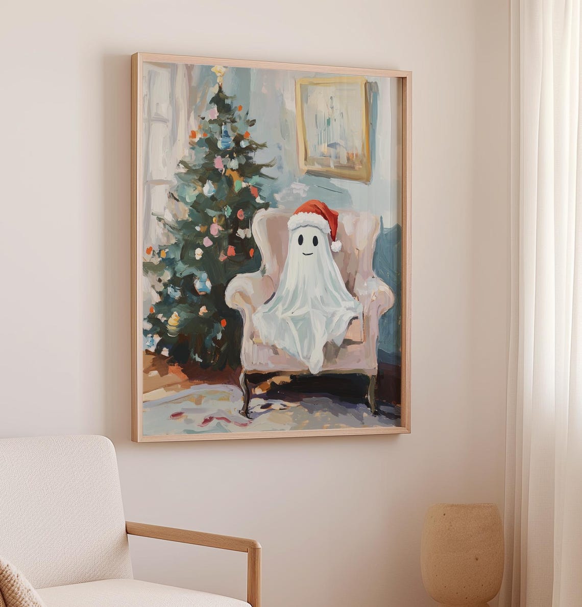 Cute Ghost Wearing Santa Hat by Christmas Tree Holiday Poster - Image 2