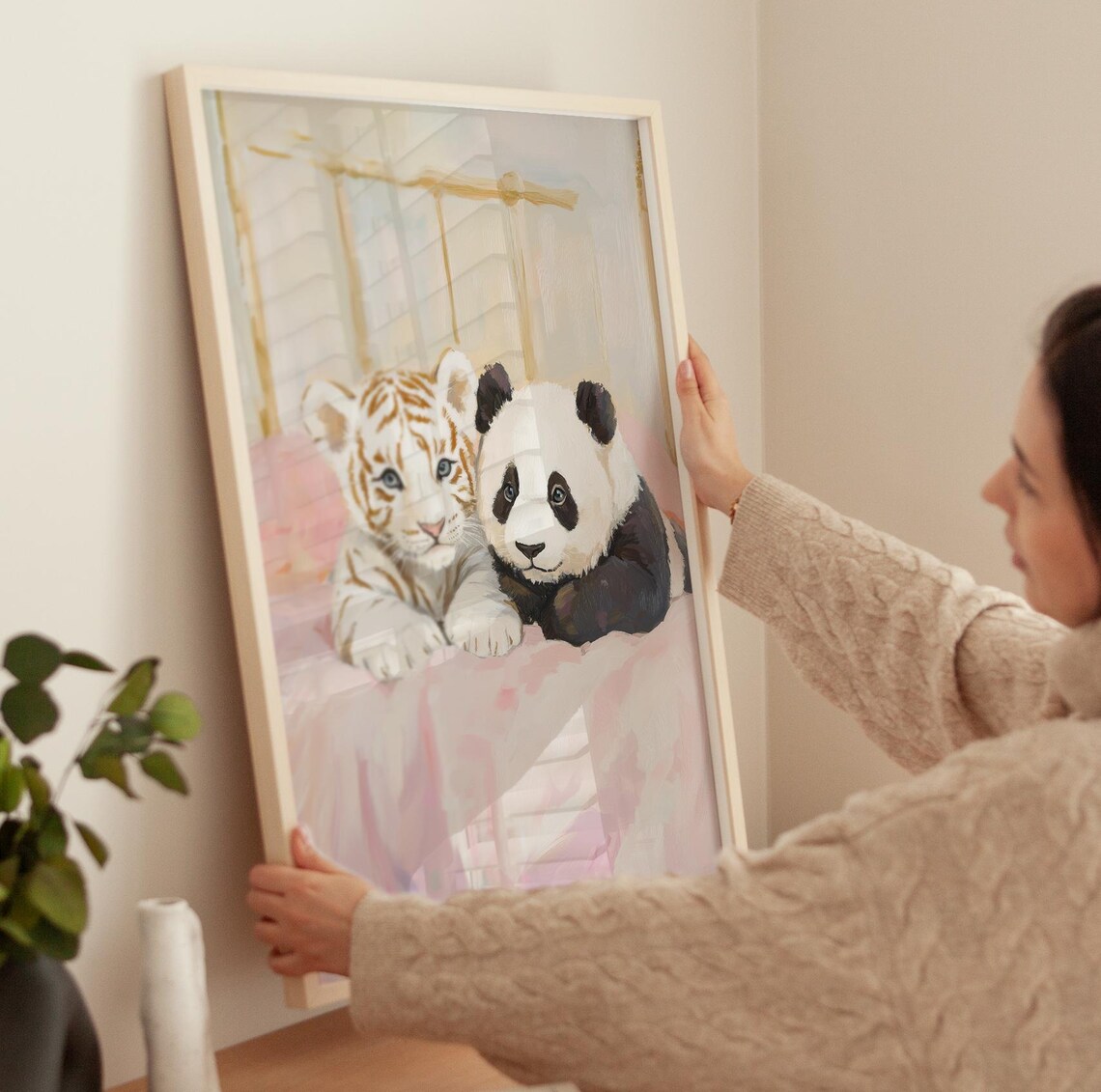 Sweet Baby White Tiger and Panda Cub Cuddling Pink Nursery Poster - Image 3