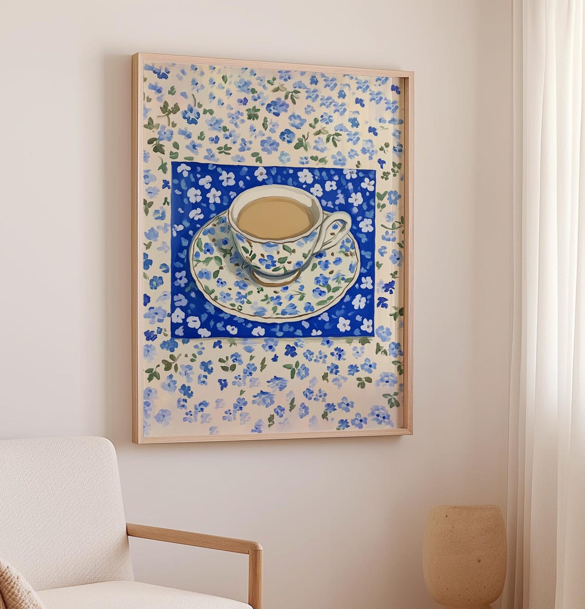 Floral Teacup on Blue Floral Tablecloth Top Down Tea Lover Art Poster - Image 2