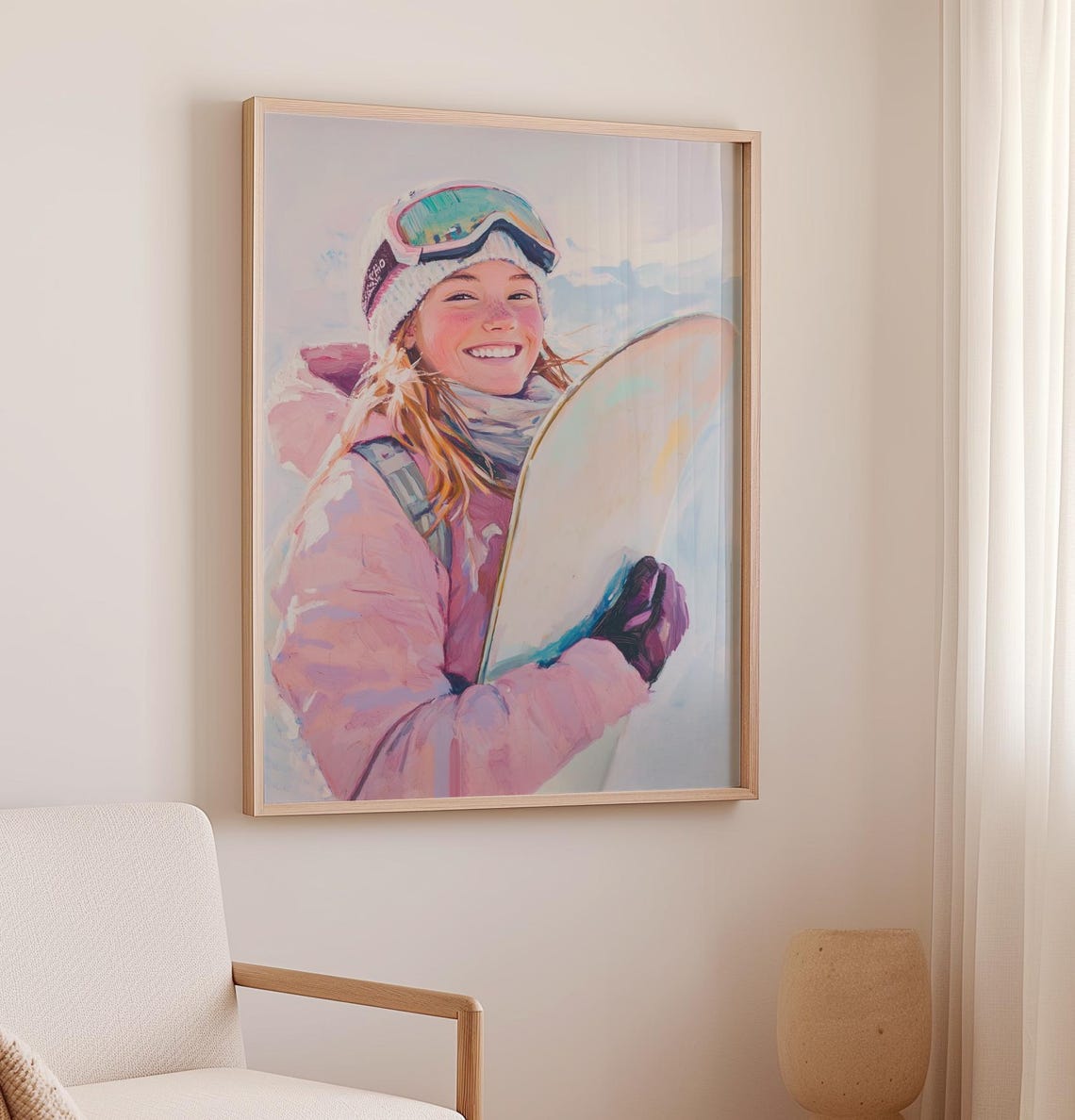Smiling Girl Snowboarder In Pink Jacket On Sunny Slopes Poster - Image 2