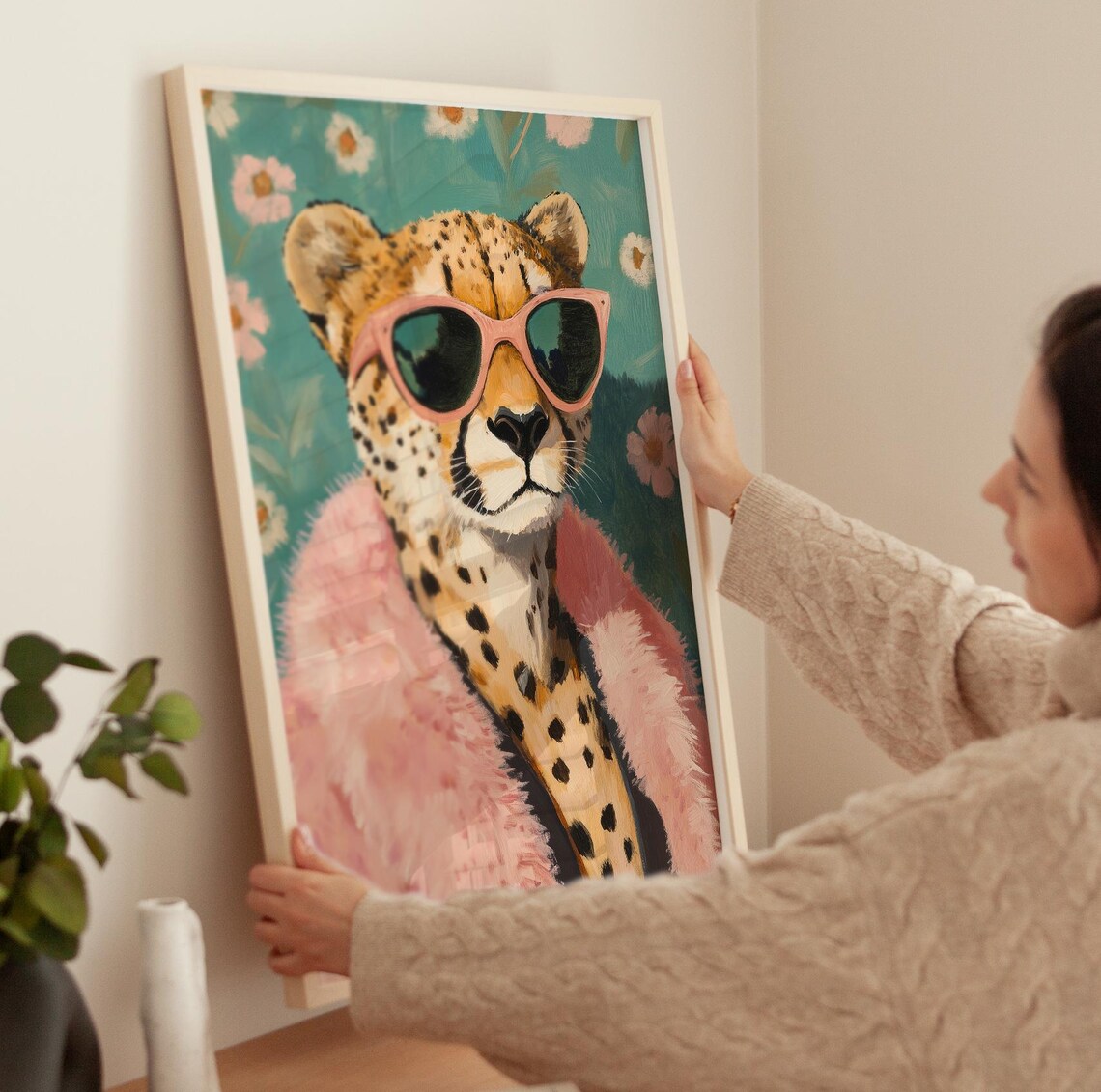 Glamorous Cheetah in Pink Sunglasses and Fur Coat Trendy Safari Art Poster - Image 4