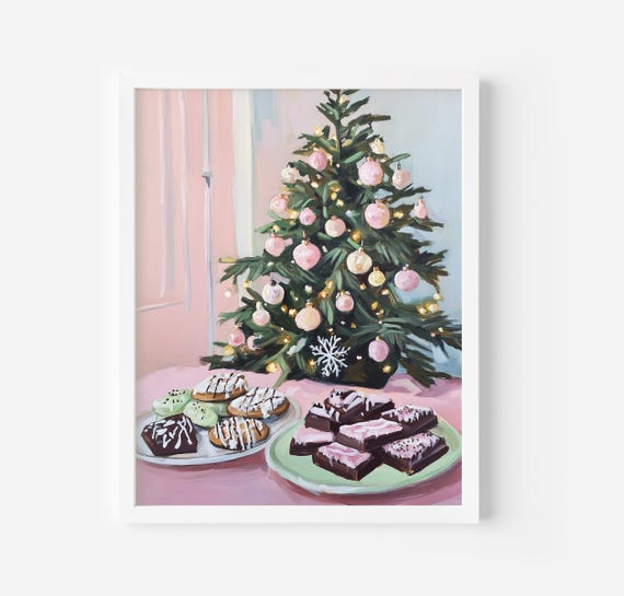 Cookies For Santa Painting Christmas Wall Art Christmas Print Winter Wall Art Moody Holiday Home Decor Pink Christmas Print
