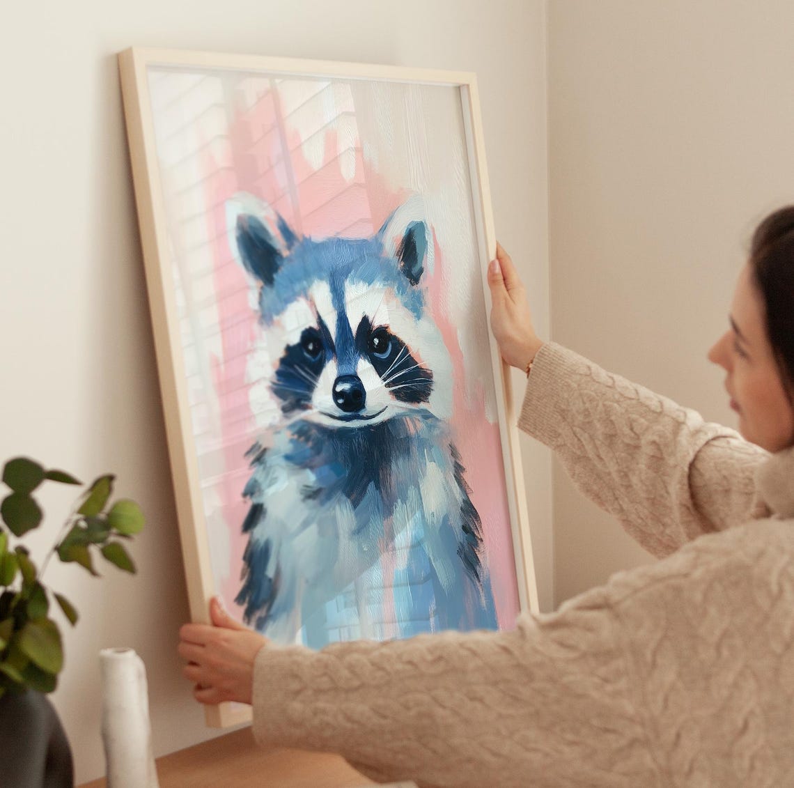 Charming Raccoon Portrait Against Soft Pink Woodland Art Poster - Image 3