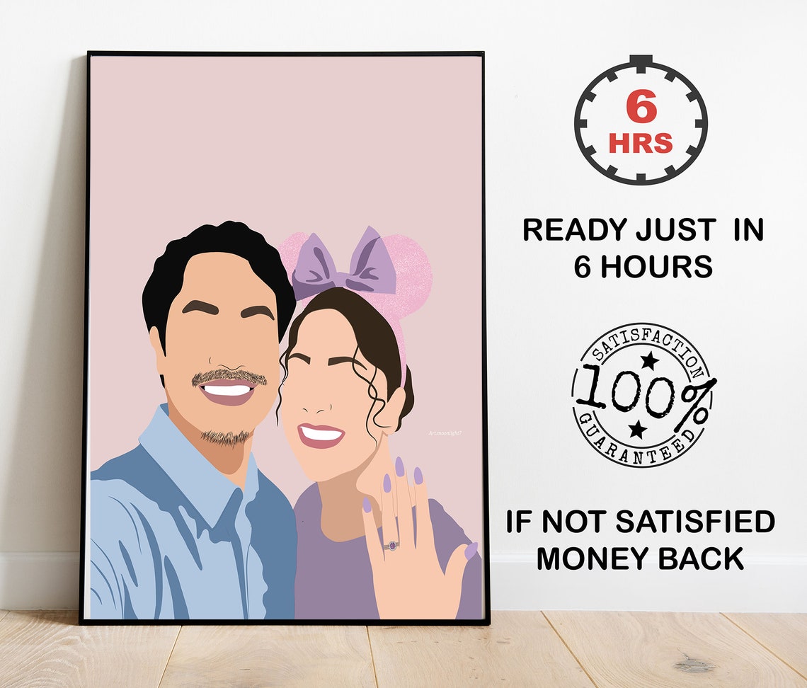 Engagement Couple Vector Portrait With Ring and Bow Headband Poster