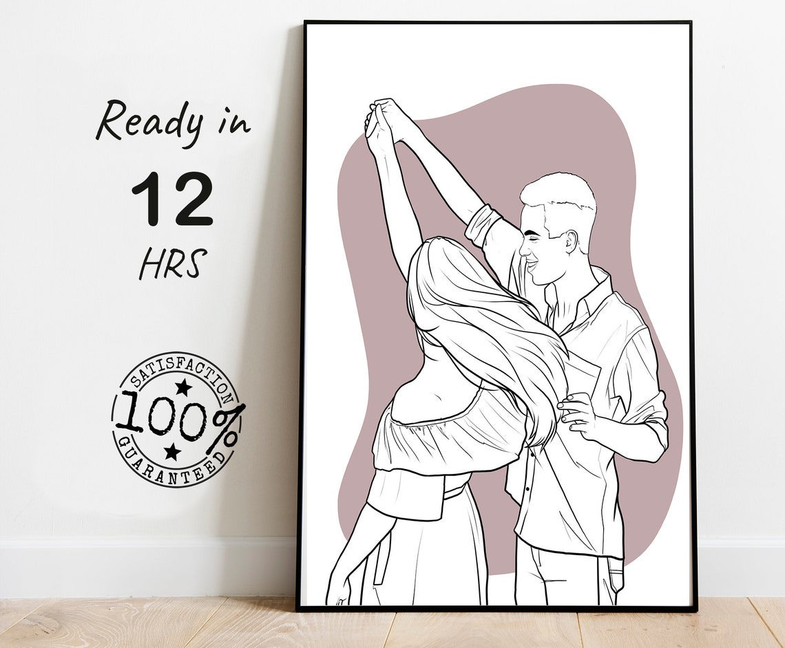 Custom Line Drawing of a Dancing Couple on Mauve Backdrop Poster