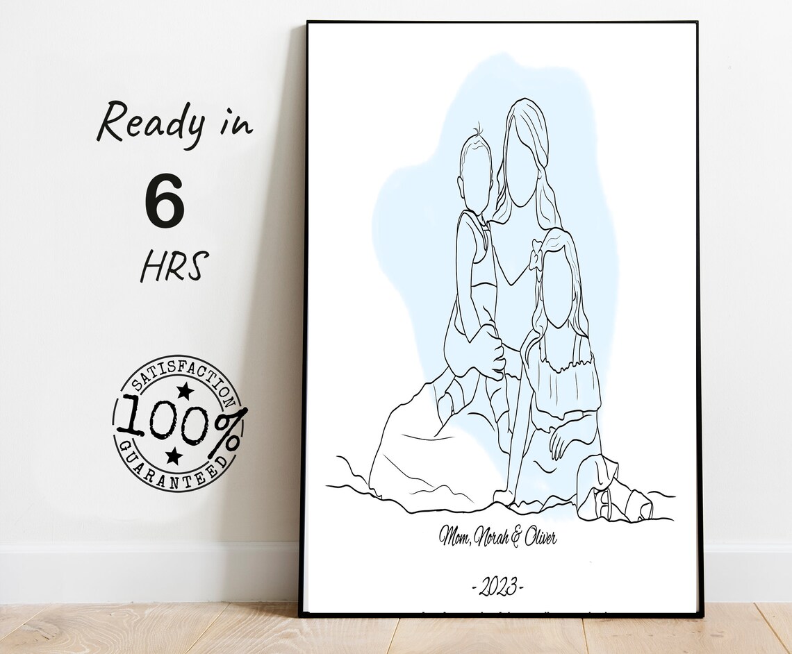Mom Norah And Oliver 2023 Faceless Family Line Art Portrait Poster