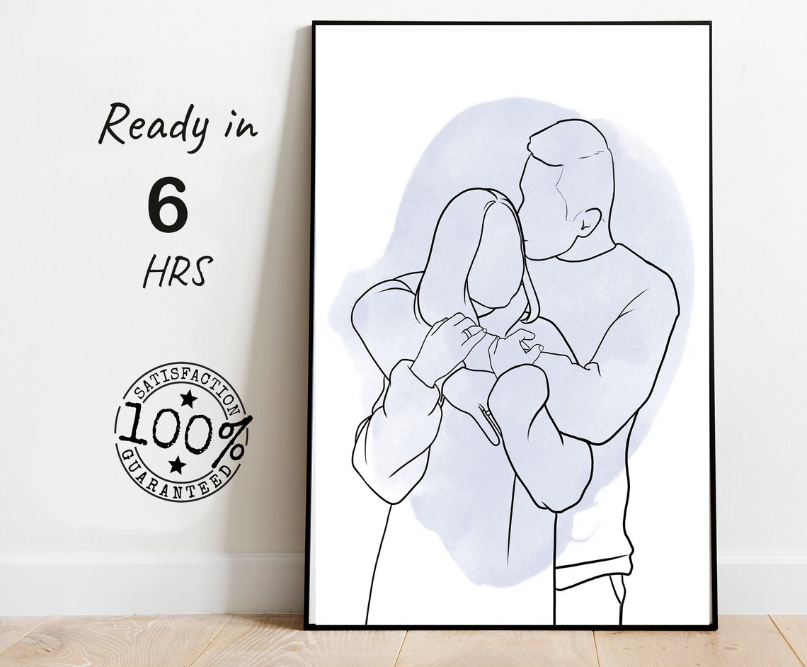 Embracing Couple Line Art With Lavender Watercolor Wash Poster