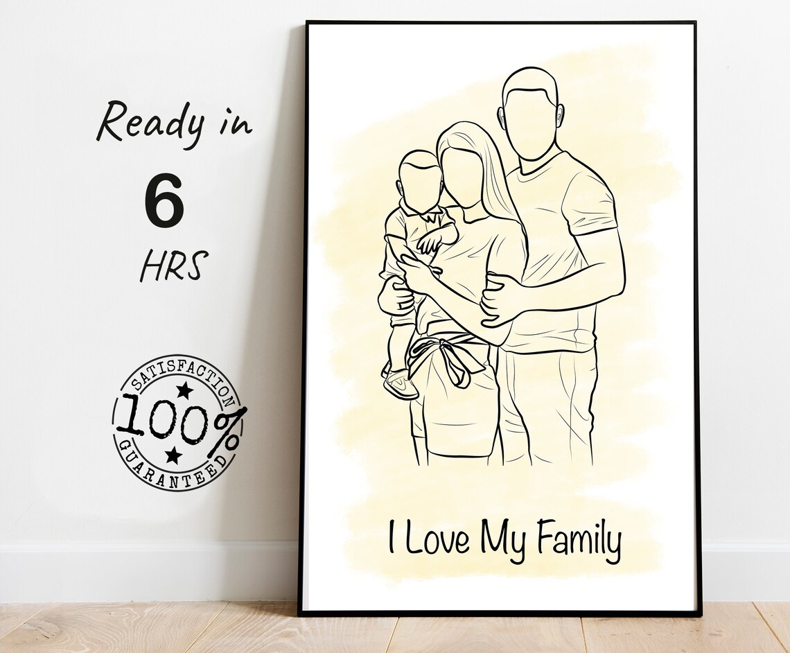 Family of Three Faceless Line Art Portrait I Love My Family Poster