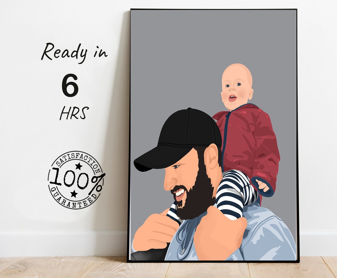 Dad Carrying His Baby on His Shoulders Vector Portrait Poster