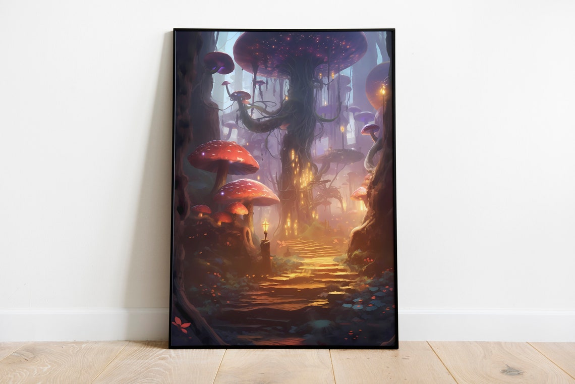 Enchanted Glowing Mushroom Forest Magical Fantasy Landscape Poster