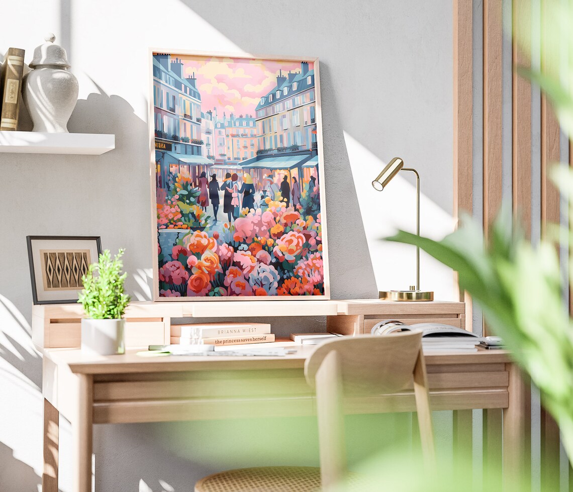 Paris Flower Market Street at Dusk Colorful Evening Art Poster - Image 3