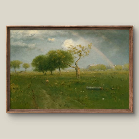 Vintage Summer Landscape Art Print Rustic Wall Decor Antique Painting Green Forest Instant