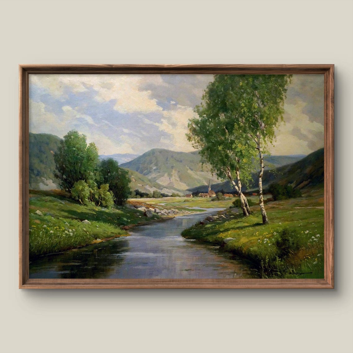 Vintage Summer Landscape Art Print Rustic Wall Decor Antique Painting Mountain Instant