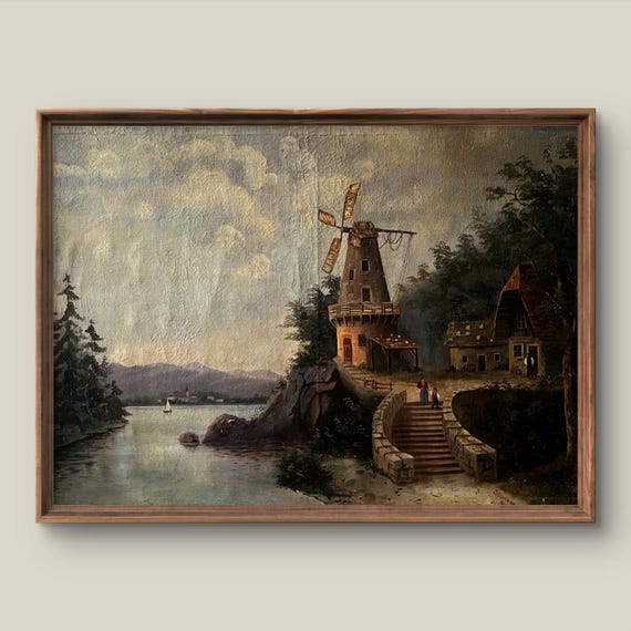 Vintage River Landscape Art Print Rustic Wall Decor Antique Painting Mountain Instant