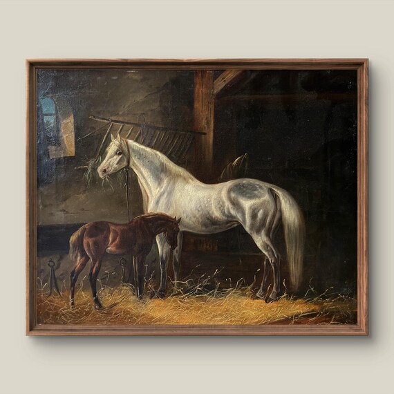 White Mare and Foal in Stable Vintage Horse Oil Painting Art Poster