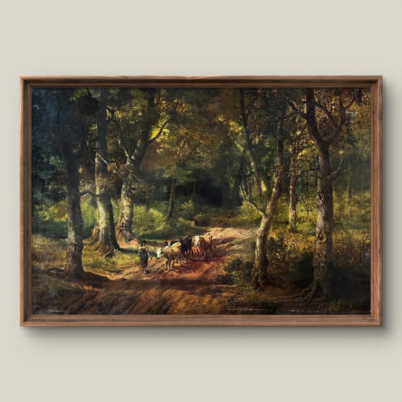 Vintage Summer Landscape Art Print Rustic Wall Decor Antique Painting Green Forest Instant