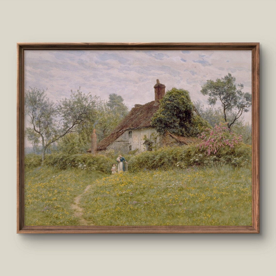 English Country Cottage Wildflower Meadow Vintage Painting Poster