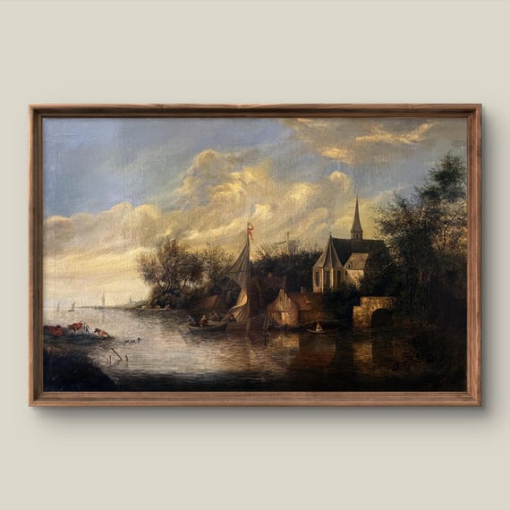 Vintage Village Landscape Art Print Summer Wall Decor Antique Painting Sunset Instant