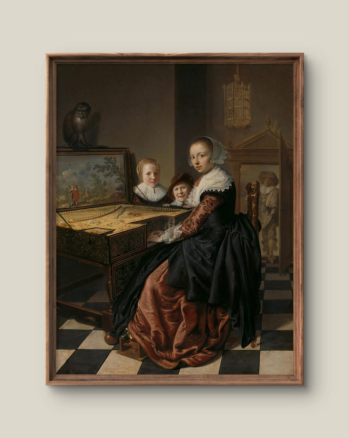 Dutch Woman and Children at a Harpsichord Interior Vintage Poster