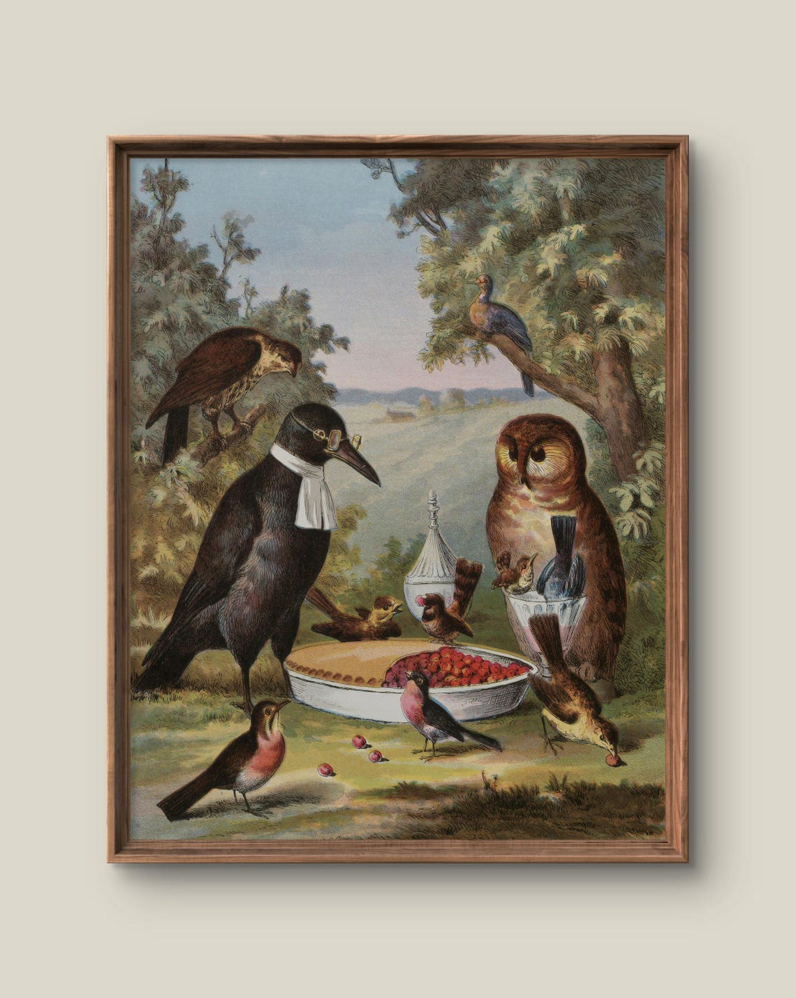 Whimsical Vintage Birds Feasting Berry Pie Crow Owl Art Print