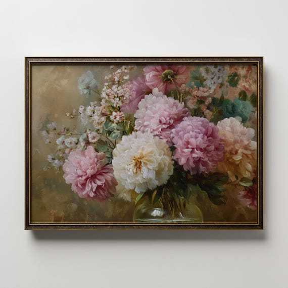 Romantic Peony Bouquet Wall Art Floral Painting Vintage Botanical Flower Print Elegant Pastel Blossom Artwork Decor