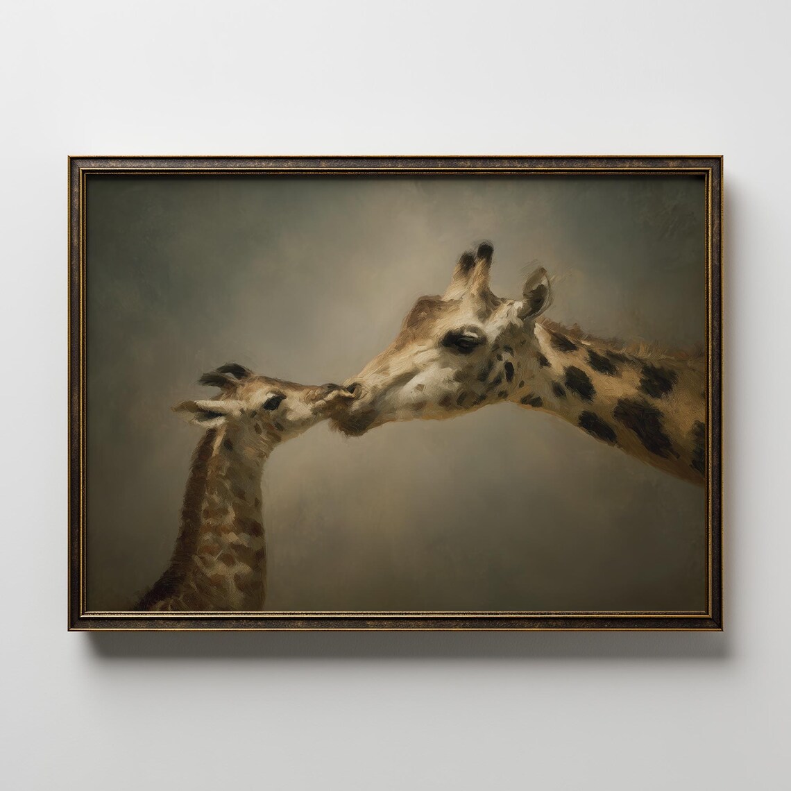 Giraffe Mother Baby Nuzzling Tender Wildlife Painting Poster