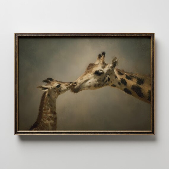 Giraffe Mother Baby Nuzzling Tender Wildlife Painting Poster