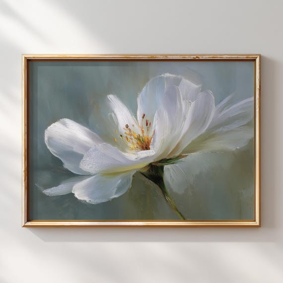 White Flower Painting Minimalist Botanical Wall Art Print Modern Floral Artwork For Bedroom Living Room Decor Instant