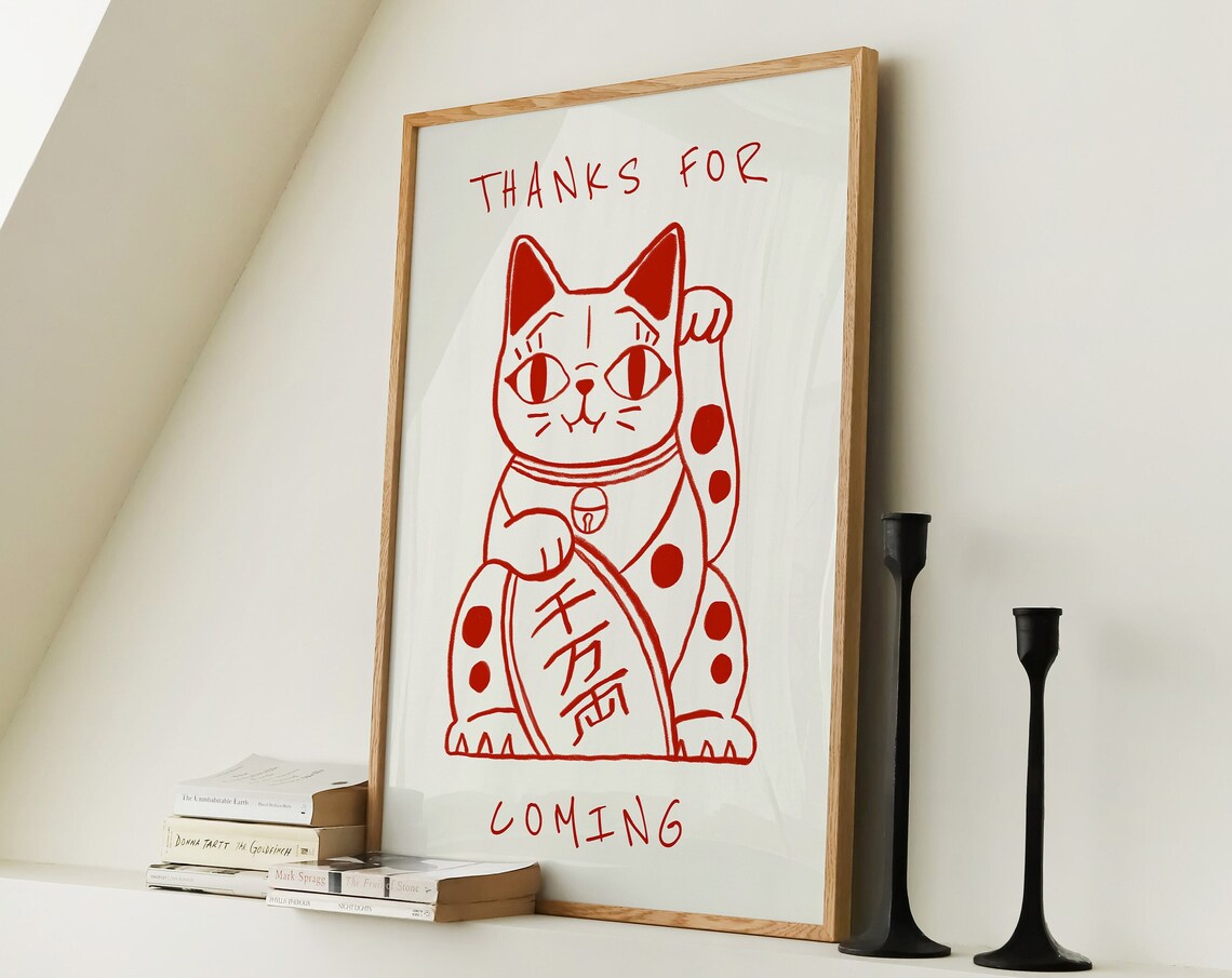 Waving Lucky Cat Thanks For Coming Poster