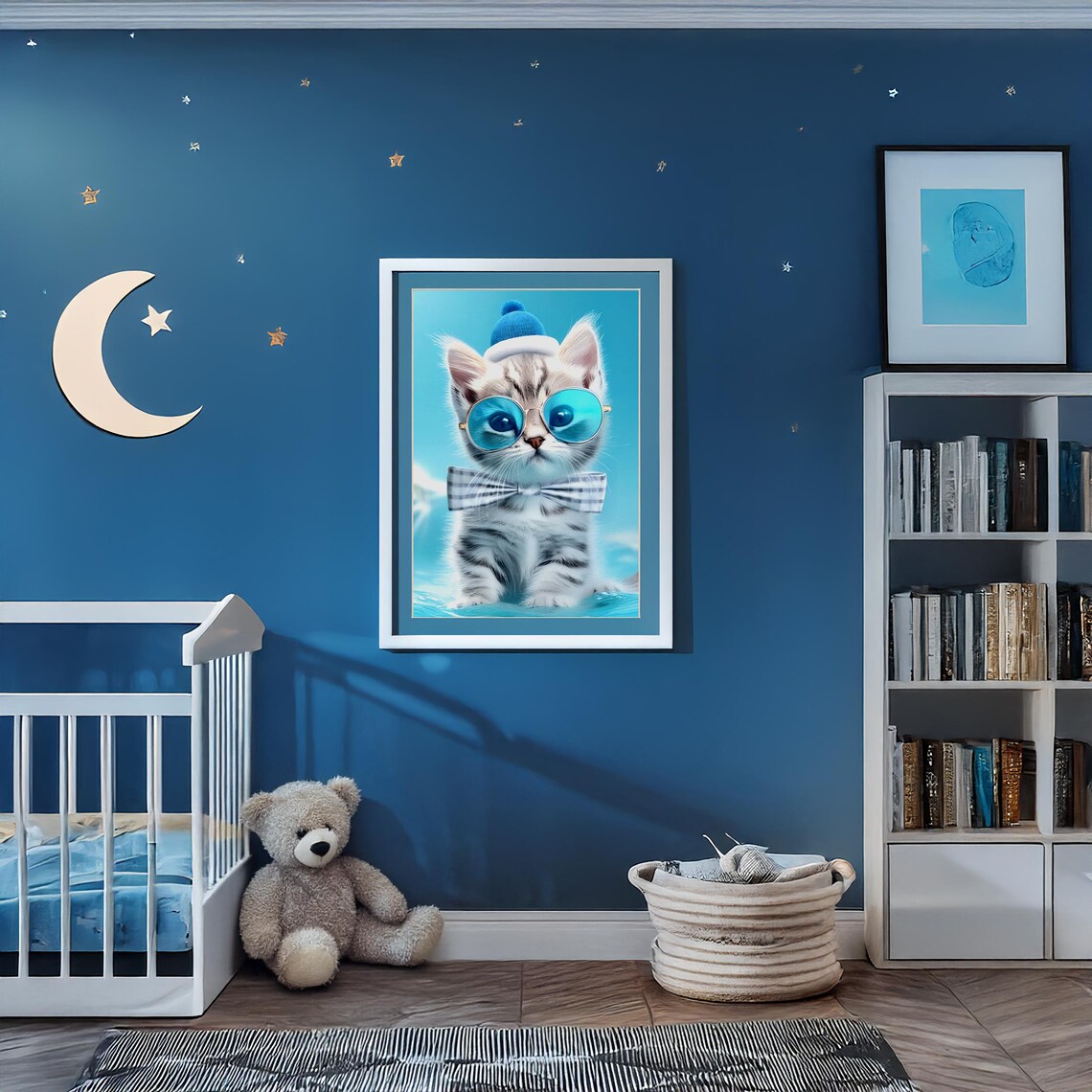 Cool Kitten in Blue Sunglasses Knit Hat and Bow Tie Art Poster - Image 3