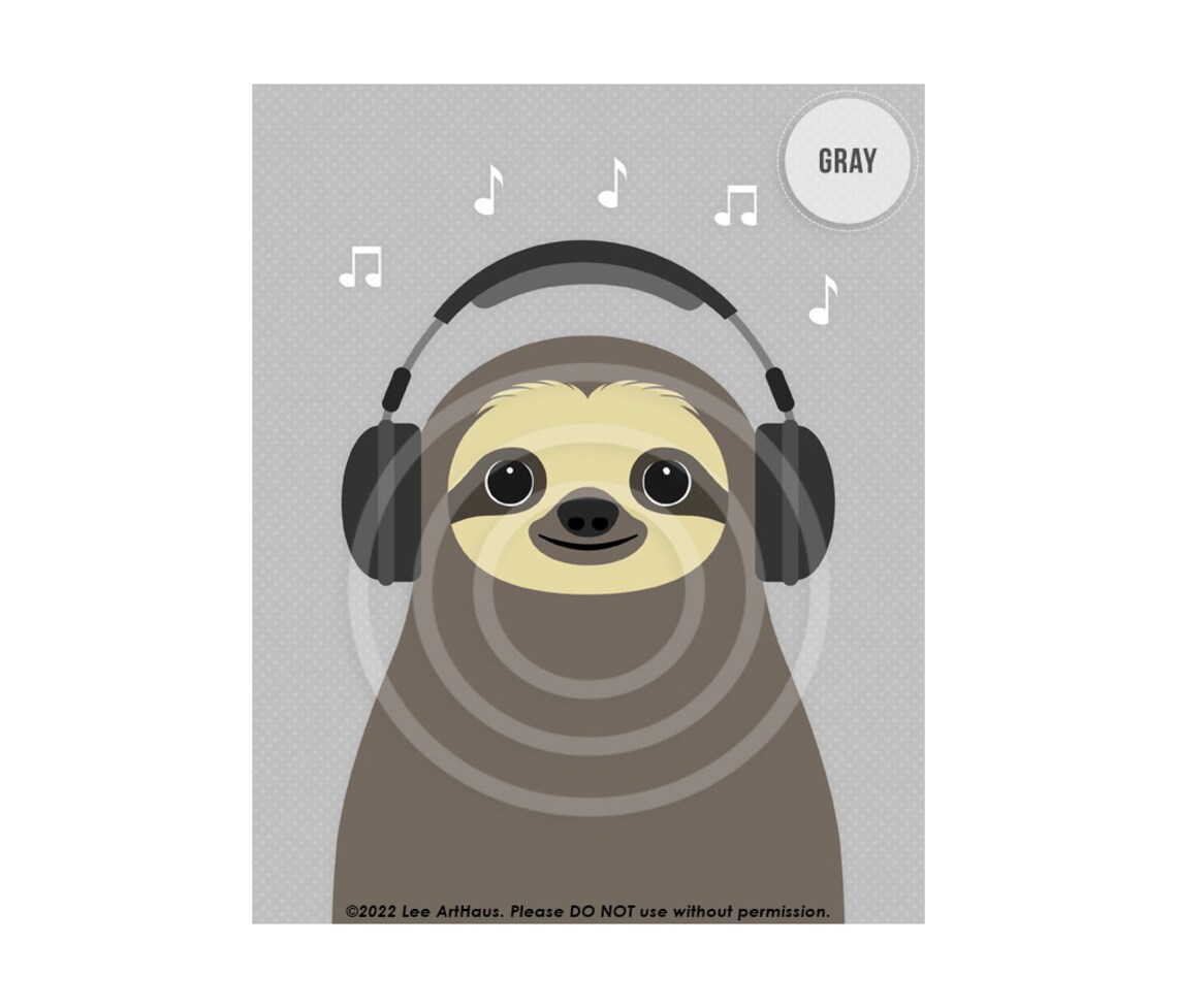 Cute Sloth Wearing Headphones Music Notes Fun Kids Room Decor Wall Poster - Image 2