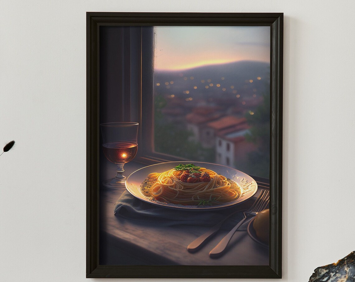 Italian Pasta Dinner At Dusk Village Window View Food Poster