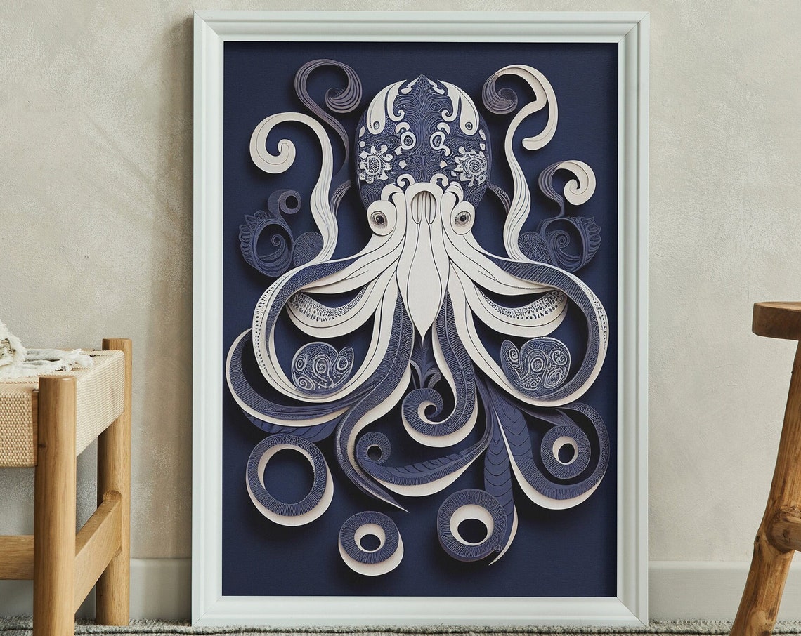Layered Paper Cut Octopus Art on Deep Navy Blue Background Poster
