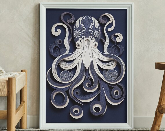 Octopus Paper Art On Blue Background Print Artwork Print At Home Wall Art Wall Art Print Instant Art