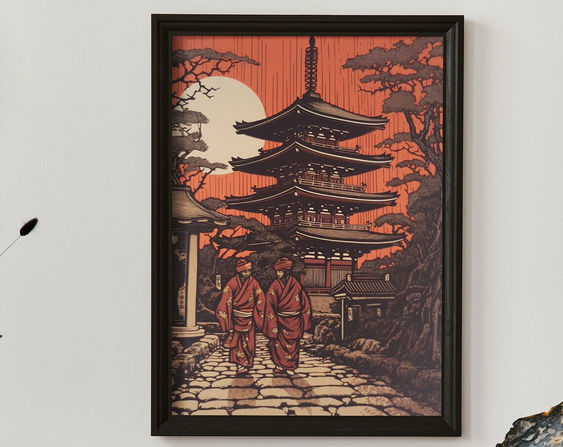 Classic Vintage Japanese Temple Linocut Pagoda Landscape Art Poster