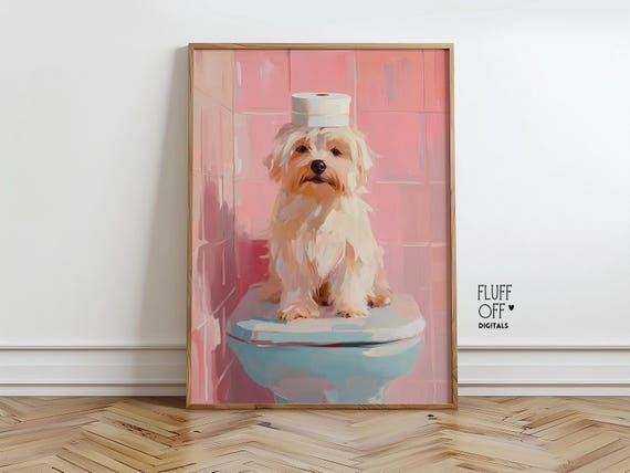 Funny Dog With Toilet Paper On Quirky Bathroom Decor Cute Pastel Print Pet Art Instant Wall 73