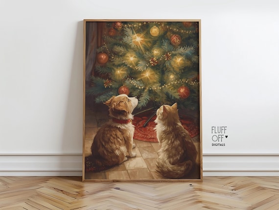 Cozy Holiday Pets Under Christmas Tree, Vintage Art Print