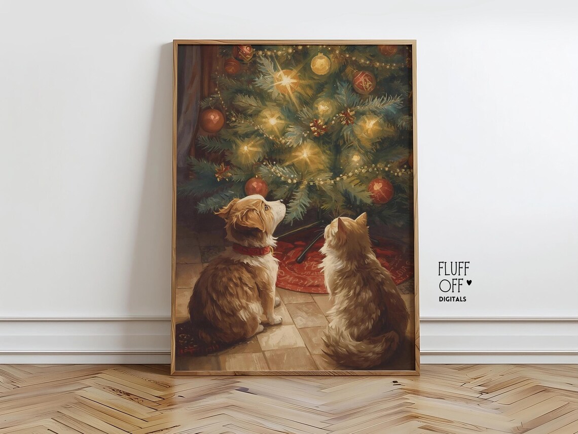 Cozy Holiday Pets Under Christmas Tree, Vintage Art Print