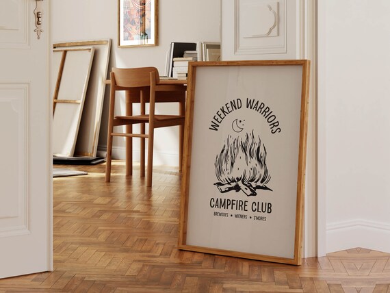 Weekend Warriors Campfire Club Moon Campfire Line Art Poster
