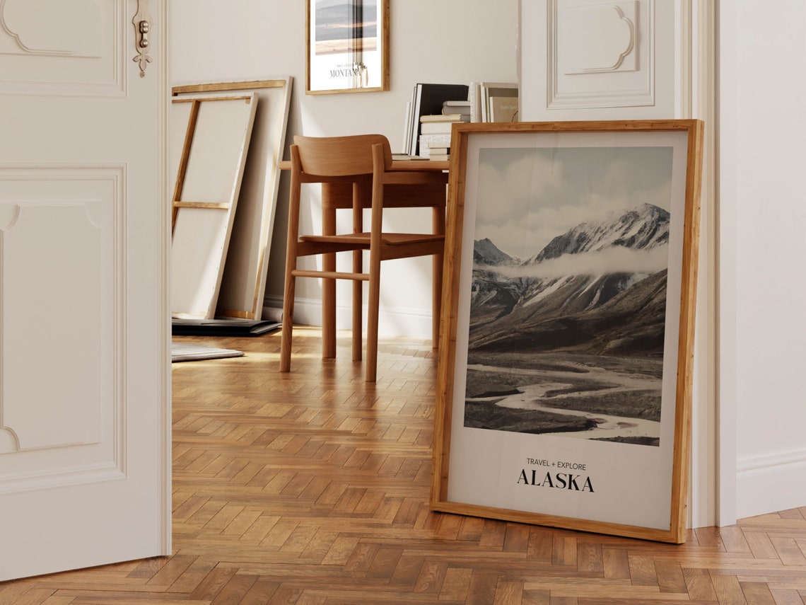Alaska Snowy Mountain Valley Travel Explore Black White Poster