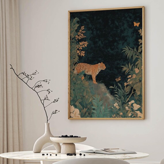 Majestic Tiger Jungle Dark Botanical Night Safari Wildlife Wall Art