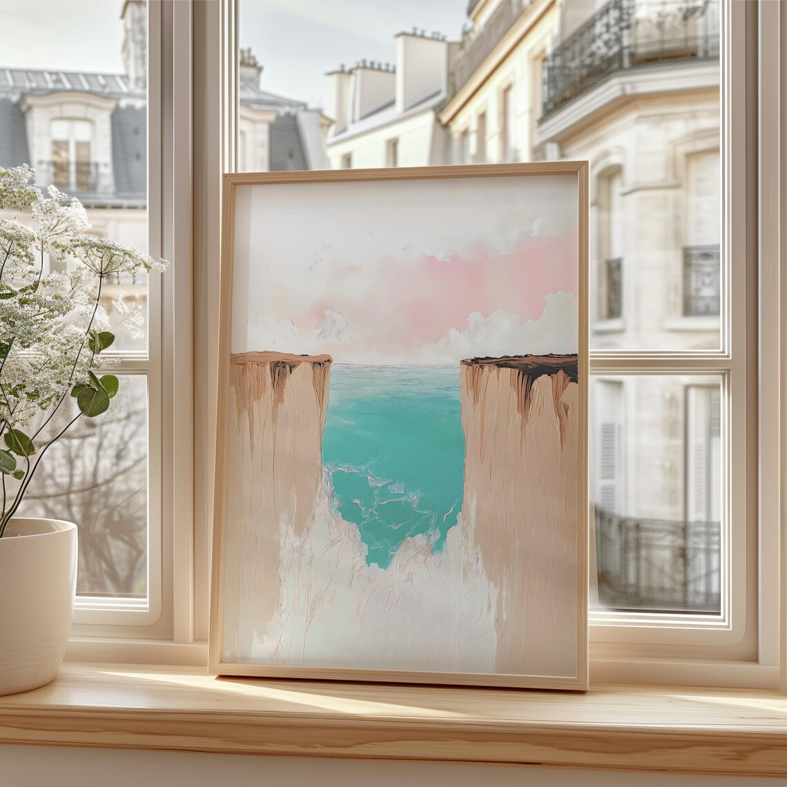 Two Cliffs Under Pink Sky Wall Art Pastel Poster - Image 2