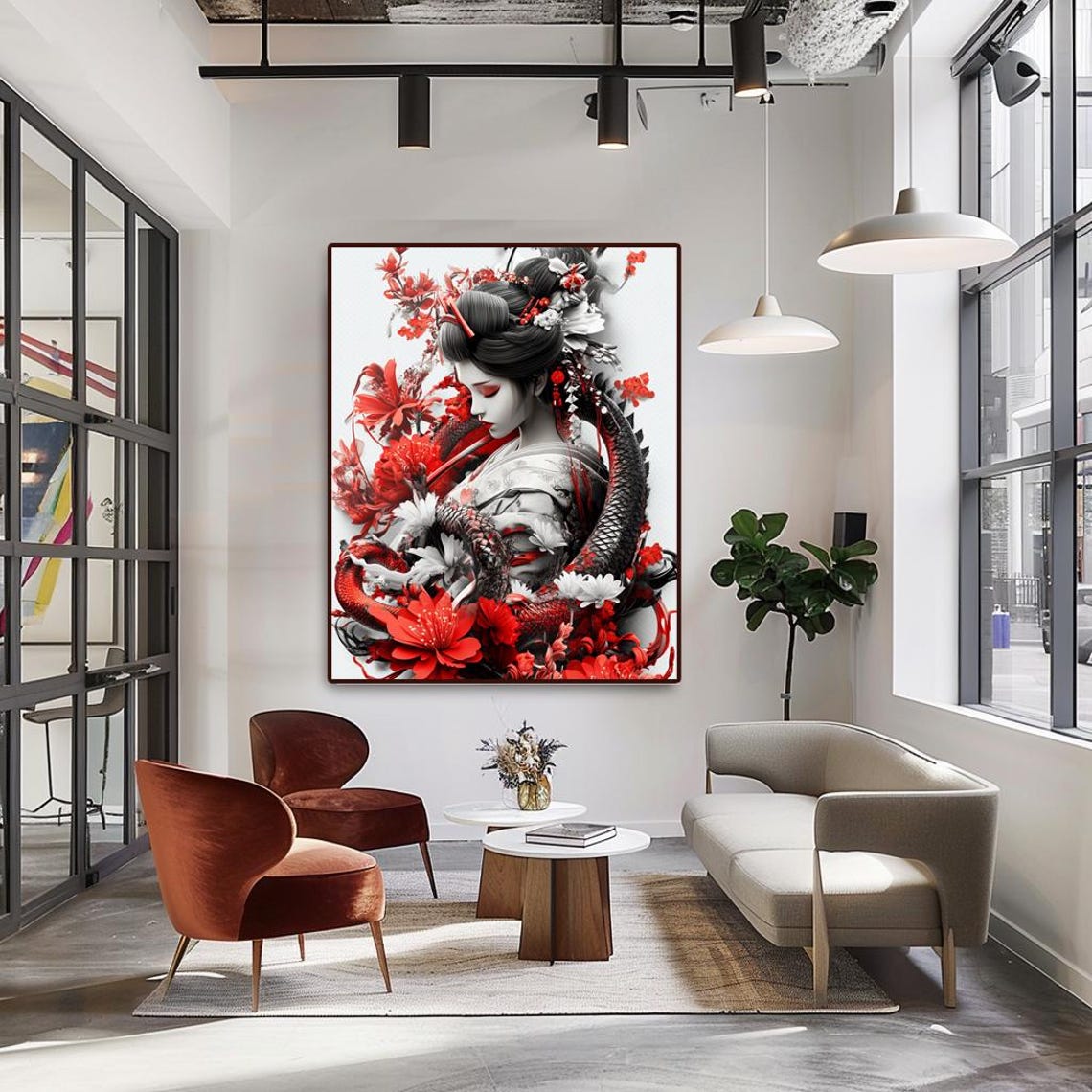 Striking Japanese Geisha Portrait Black White Red Dragon Floral Poster - Image 4