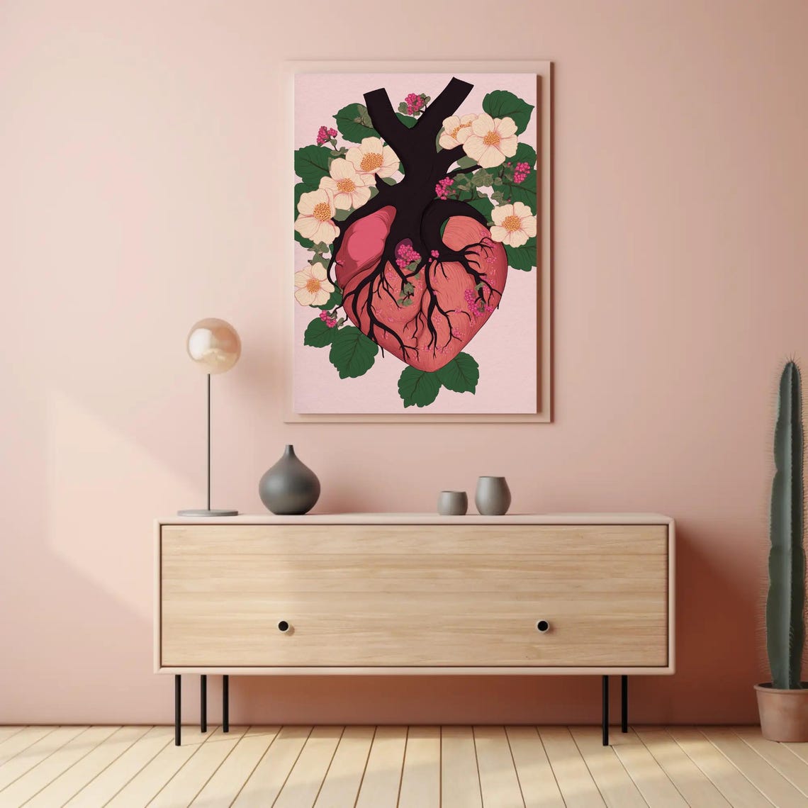Anatomical Heart with Floral Botanical Illustration Pink Poster - Image 4
