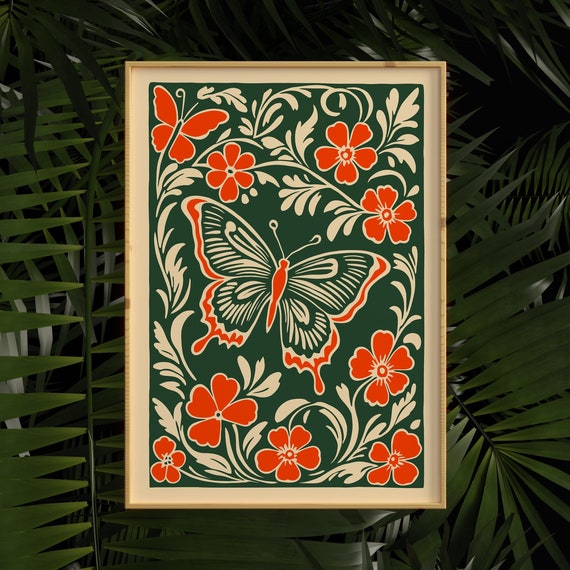 Butterfly Poster Green Bohemian Art Print Elegant Botanical Wall Decor Nature Home Decoration Classic Boho Gift For Butterfly Lovers