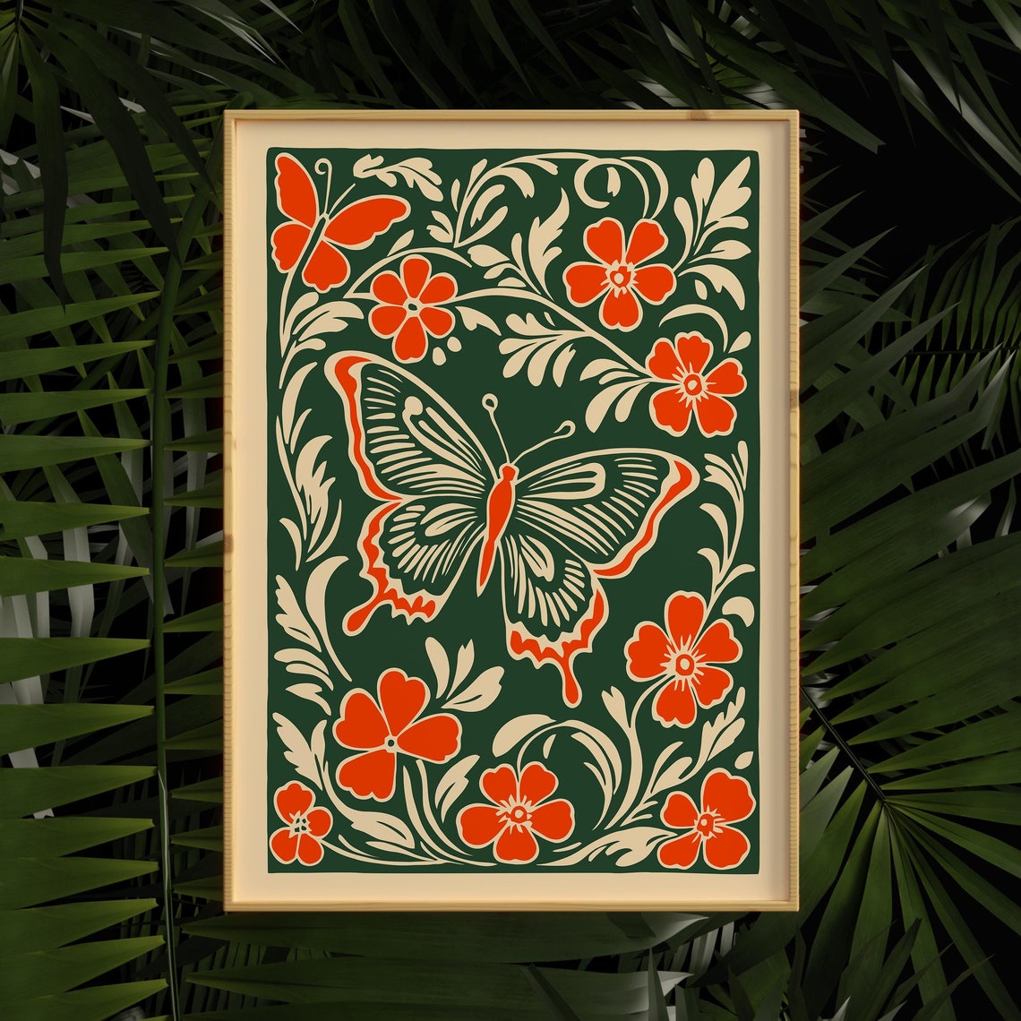 Orange Butterfly Folk Botanical Floral Linocut Nature Decor Poster