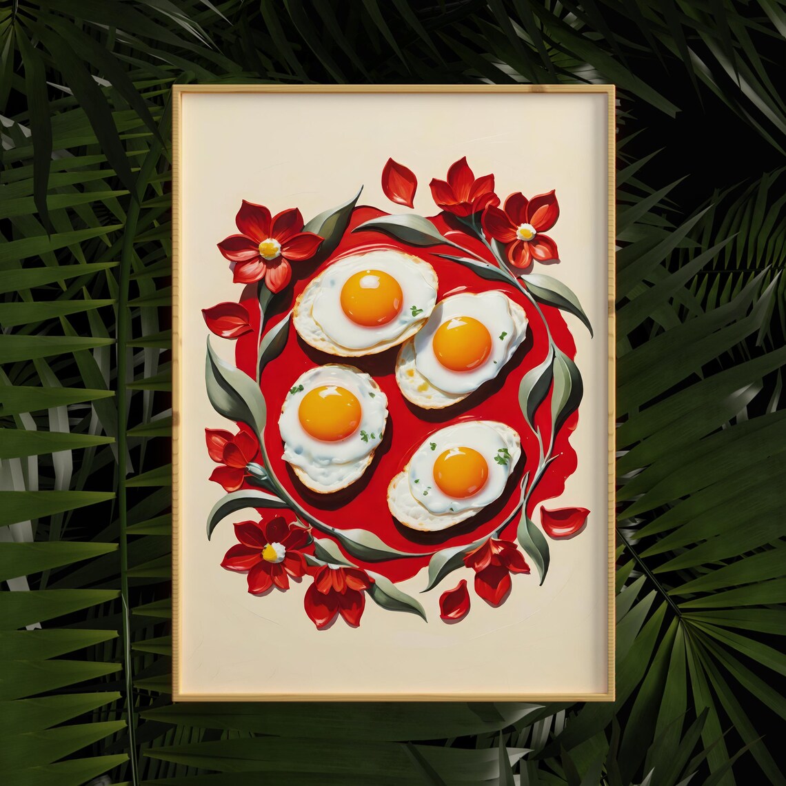 Fried Eggs Red Plate Floral Breakfast Kitchen Fun Decorative Poster