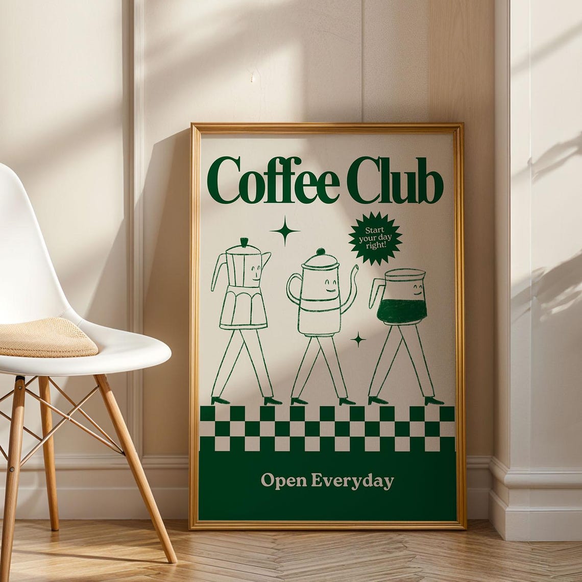 Coffee Club Open Everyday Green Walking Coffee Pots Retro Poster